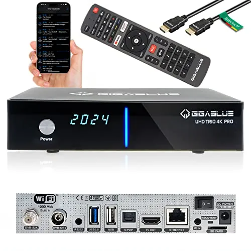 GigaBlue UHD Trio 4K Pro Cable Sat-Receiver DVB-S2X/C/T2 sintonizador | Función de grabación PVR Ready en USB/SD Tarjeta | WLAN 1200 Mbit/s | HDMI, USB, LAN, Bluetooth | Incluye Cable HDMI Babotech