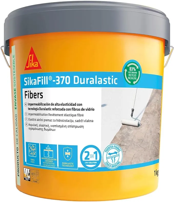 SIKA - Impermeabilización reforzada con fibra - SikaFill 370 Fibers - Blanco - Pintura acrílica con fibras de vidrio para impermabilización de cubiertas, terrazas visitables - Puenteo de fisuras - 1kg