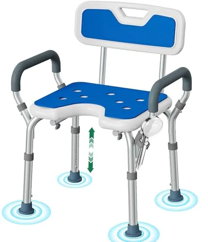 Luckfaith Silla de Ducha Ajustable con Reposabrazos – Asiento de Ducha Antideslizante en U con Respaldo y Reposabrazos Acolchados, Taburete de Baño Ligero para Personas Mayores y con Discapacidad