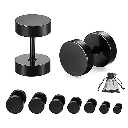 Pendientes de Acero Inoxidable, Negro - Rosca Redonda, Botón Negro 4mm-10mm - 7 Pares para Hombre y Mujer