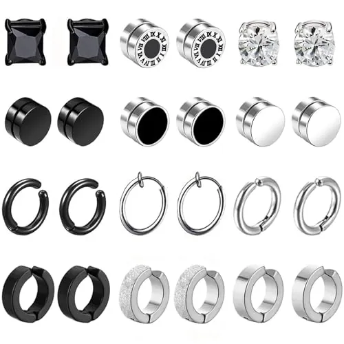 CZ Magnet 12 Pares Falsos Pendientes Magnéticos de Acero Inoxidable Imán Hombre Pendientes Clip Hombre Sin Agujero Pendiente Aro Plata Negro