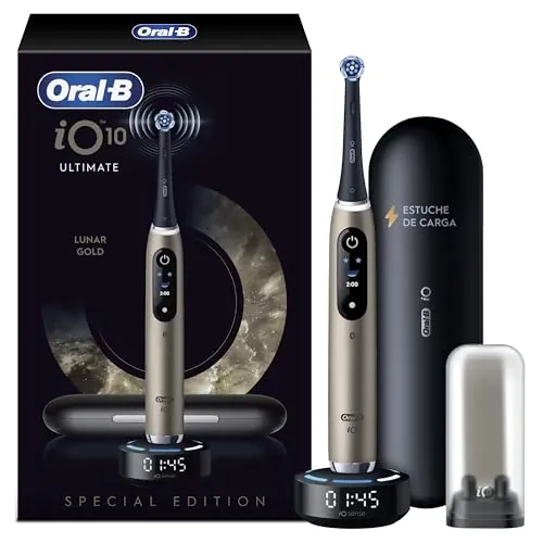 Oral-B iO10 Cepillo de Dientes Eléctrico, 1 Cabezal Ultimate Clean, Lunar Gold - 1 Cargador Magnético Rápido con Tecnología iO Sense, 1 Estuche de Viaje con Carga, 1 Soporte Higiénico para Cabezal