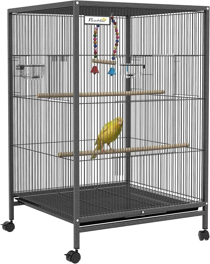 PawHut Jaula para Pájaros con Ruedas, Pajarera de Acero con Perchas, Columpio Bandeja Extraíble y Cuencos de Acero Inoxidable, Jaula Grande para Loros, Canario, Periquito, 48x46x78 cm, Gris