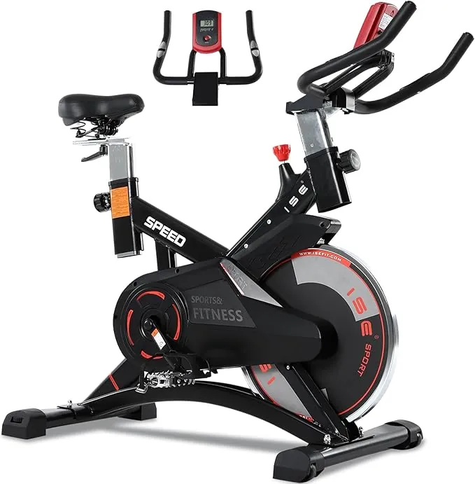 ISE Bicicleta Estática Profesional con Sensor de Pulso,Ajustable Resistencia, Pantalla, Bici Estática, Fitness En Casa con Volante de Inercia,Bicicleta Estática Indoor con Sillín Ajustable, Máx.120kg