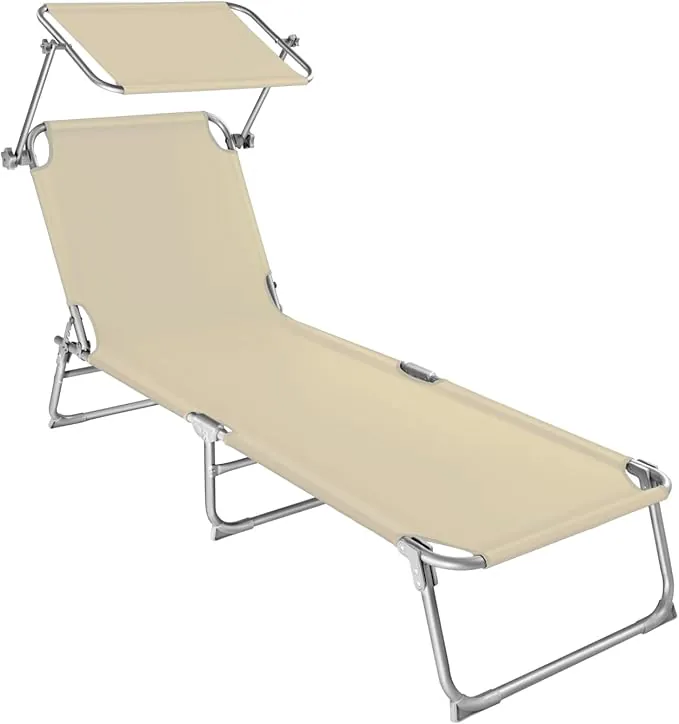 tectake® Tumbona Plegable con Toldo y Respaldo Regulables, para Piscina con Reposacabezas y Parasol, Tumbona Playa Resistente a la Intemperie, Tumbonas Jardín Exterior, Carga Máx. 110 kg - Beige