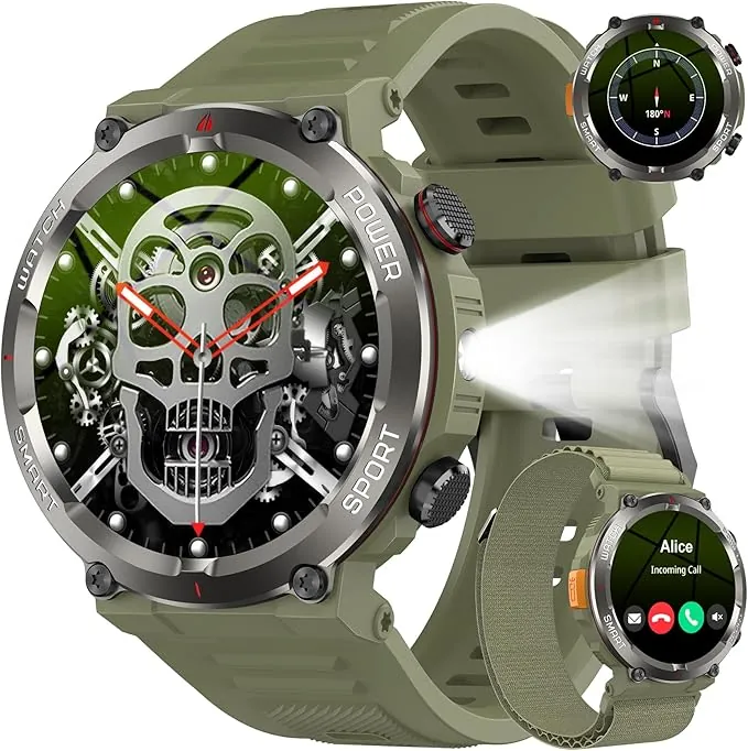 Reloj Inteligente Hombre, Smartwatch Hombre con Linterna y Brújula, 1.45" Smartwatch con Llamadas Bluetooth Monitor Sueño, 2 Correas,Pulsera Actividad Impermeable IP68