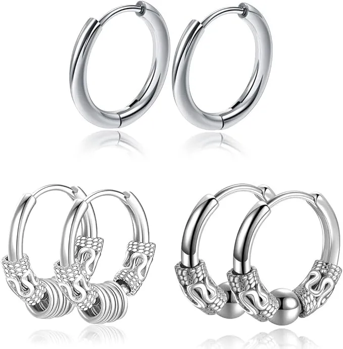 pendientes redondos hombre, bisuteria mujer, piercing oreja, aro plata vintage con pasadores de personalidad (3 pares)