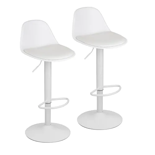 Baroni Home Juego de 2 Taburetes de Bar Giratorio, Taburete Alto con Altura Ajustable, con Respaldo y Reposapies, Fondo antiarañazos, Comedor, Restaurante, Bar, Blanco, 2 Unidades, 39x44x82-104 cm