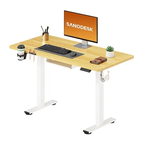 SANODESK Escritorio Elevable Eléctrico 110x54cm con Tablero Completo, Mesa Ajustable en Altura con Sistema Anticolisión, Función de Memoria de 4 Alturas con Gancho y Caja de Almacenamiento, Arce