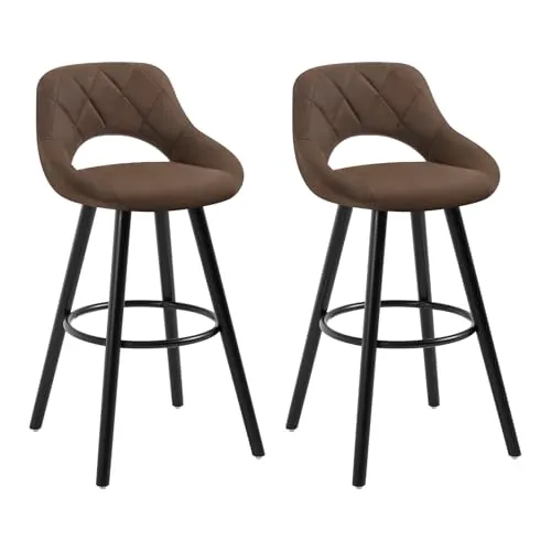 WOLTU 2X Taburetes Altos con Respaldo Ahuecado Tela Sintética Marrón Oscuro | con Reposapiés, para Bistro, Cafeteria y Cocina, Patas de Madera