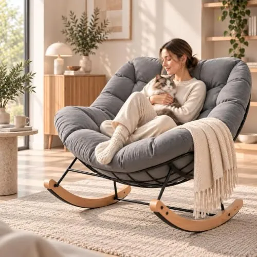 FLEXISPOT Silla Mecedora XL, 159 kg, Cojín y Reposacabezas, Balanceo Suave | Silla Mecedora XL, 159kg Capacidad, Balanceo Suave, Cojín y Reposacabezas, Tejido Transpirable, 3 Años de Garantía, Marrón