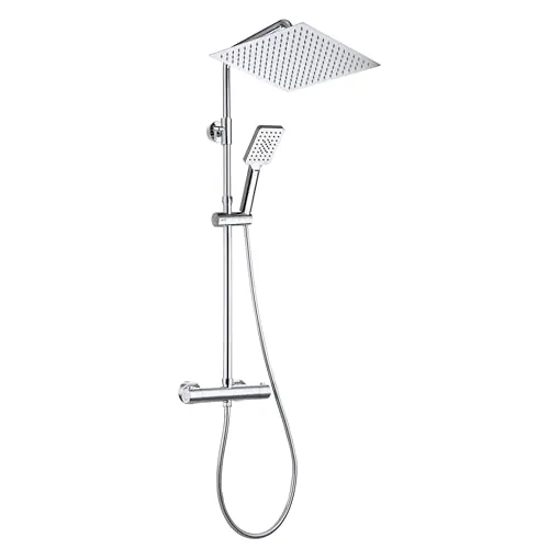 Görbach Columna de Ducha con Grifo, Conjunto Set Ducha Acero Inoxidable con Barra Altura Adjustable, Adaptarse a los orificios existentes, Cabezal Lluvia 30x30 cm y Mezclador Termostático Cromo