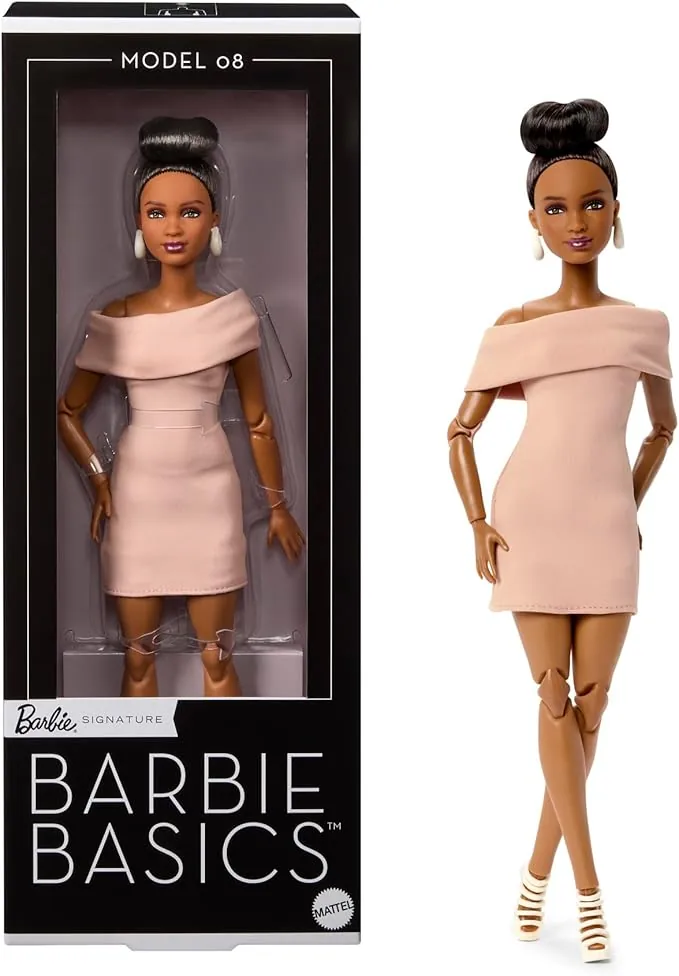 Barbie Basics Muñeca Modelo 08 de Moda para coleccionistas con Melena castaña y Vestido Color Canela con Sandalias de tacón, Ropa Intercambiable con Otras muñecas, Cuerpo articulado, JJX27