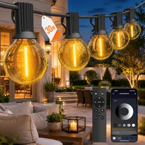 GLUROO Guirnalda Luces Exterior 30M,Regulable Luces Led Exterior Jardin con APP Mando a Distancia, Temporizador, G40 LED Bombillas, Impermeable Cadena de Luces para Jardín, Fiesta