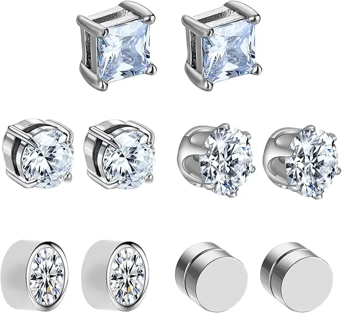 5 Pares 6mm Pendientes Magnéticos para Hombre, Pendientes de Diamante Imitación Acero Quirúrgico Sin Perforación con Zirconia Cúbica para Mujeres, Regalos para Cumpleaños y Navidad