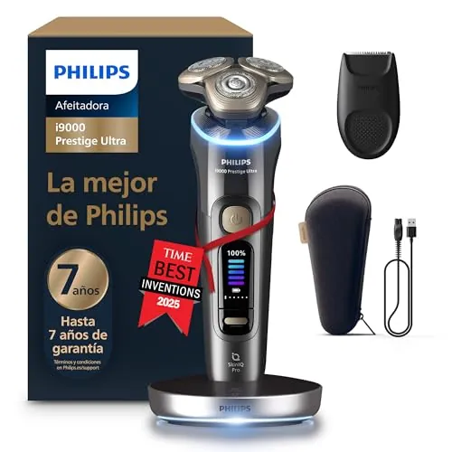 Philips i9000 Prestige Ultra, Afeitadora Eléctrica Hombre, Máquina de Afeitar Barba en Seco y Húmedo, Tecnología SkinIQ Pro, Base de Carga, Recargable, Estuche, XP9402/11