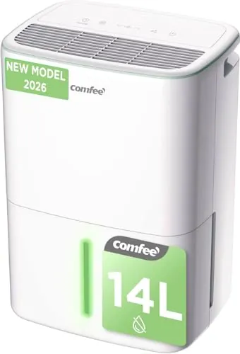 COMFEE' Deshumidificador de Humedad 12-14L Silencioso | Modo Secado de Ropa y AUTO - Deshumificador Compacto y de Bajo Consumo con Drenaje Dual | Ideal en habitaciones hasta 35m2/110m3 - Aqua Dry 2026