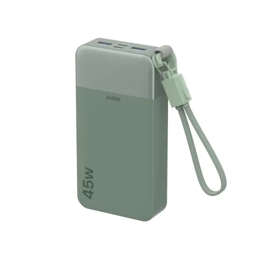JUOVI Power Bank 45W 20000mAh Cargador Portátil con Cable | Carga Rápida USB C con 4 Puertos, Pantalla LED, Paquete de Batería Externo para iPad Tablet Switch iPhone Samsung etc.