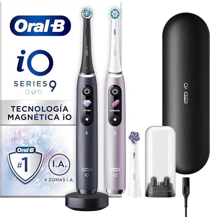 Oral-B iO 9 Pack de 2 Cepillos de Dientes Eléctricos Negro y Rosa, Con 3 Cabezales y 1 Estuche Cargador de Viaje, 7 Modos De Limpieza, Sensor De Presión, Carga Rápida, Diseñado por Braun