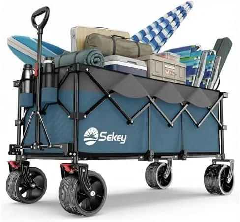 Sekey XXXL Carro Transporte Plegable 300L Capacidad 200KG, Modelo Alargado con Ruedas Todo Terreno 17x10 cm, Patente Sistema 4 Direcciones de Montaje Rápido, Gris con Azul