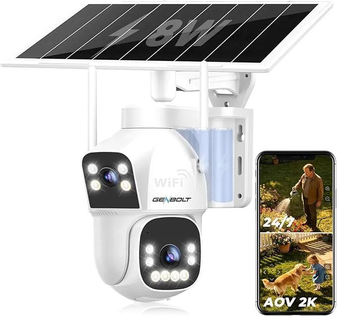 GENBOLT 2.5K AOV WiFi Solar Cámara Vigilancia Exterior Inalámbrica, Grabación 24/7 3MP+3MP Cámara IP Seguridad Exterior con Detección de IA Batería 15600mAh 8W, CCTV Cámaras Seguridad WiFi 2.4&5GHz