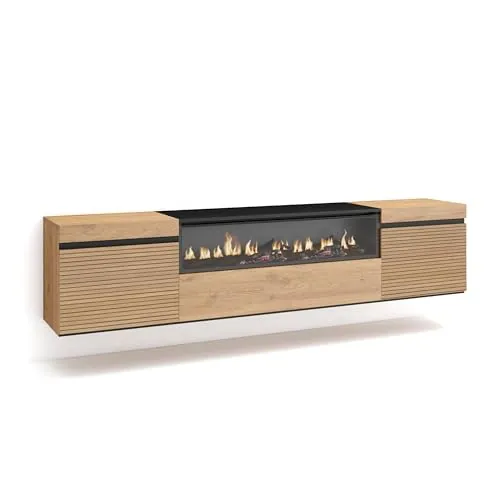 Skraut Home | Mueble TV | Televisión | Muebles de salón, almacenaje | 200x45x35cm | para TV hasta 80" | Chimenea eléctrica | Colgado, Suspendido | Estilo Moderno | Roble