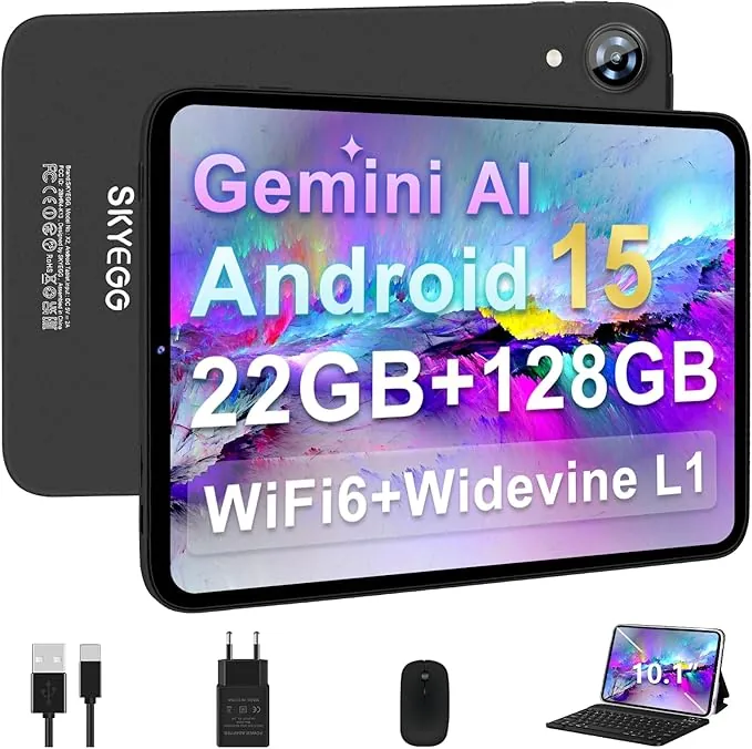 Tablet 10 Pulgadas Android 15 con Gemini AI, con Teclado y Ratón, 22GB RAM + 128GB ROM (Ampliable 2TB), WiFi 6, Widevine L1, Batería 6000mAh, Cuerpo Metálico – Gris
