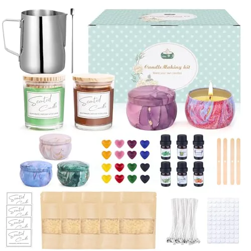 Trulloyoo Kit de fabricación de velas, juego de hacer velas para adultos y niños, juego de hacer velas perfumadas con 625 g de cera de abejas, 6 aceites aromáticos, 16 bloques de colores