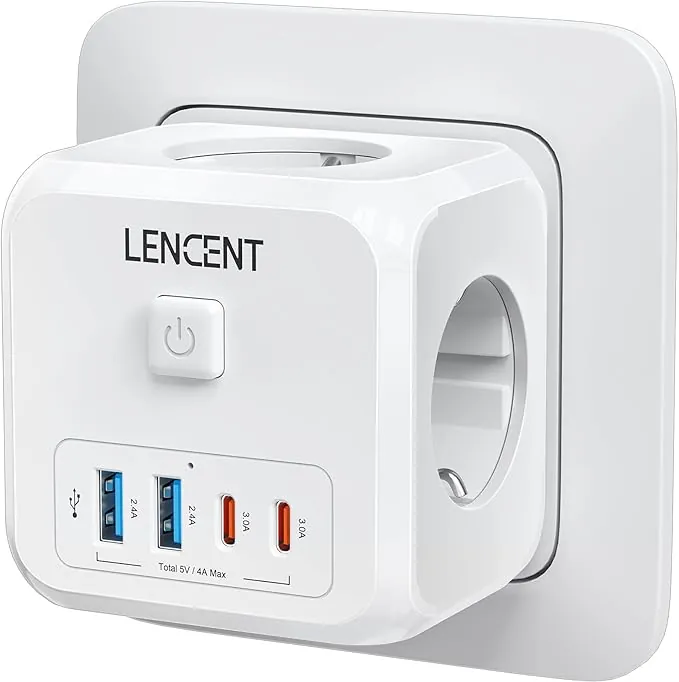 LENCENT Cubo Enchufe USB 7 en 1, Ladron Enchufes 4000W, Cubo Enchufes Múltiples Pared con 3 Tomas de CA, 2 USB-A, 2 Tipo-C y Interruptor, Cargador para Oficina, Cocina y Habitación, Blanco