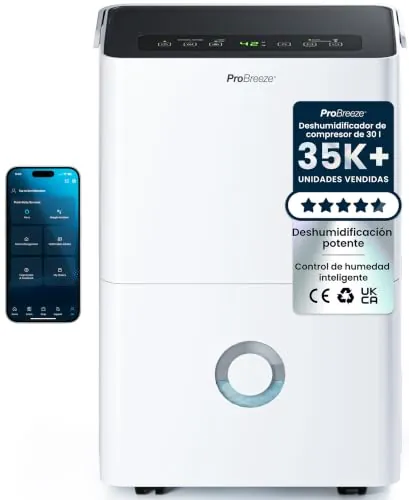 Pro Breeze Deshumidificador 30L/día con WiFi, Antihumedad, Deshumidificador Silencioso para Habitaciones hasta 30 m², Desagüe Continuo, 4 Modos, Temporizador 24 h, Seca la Ropa