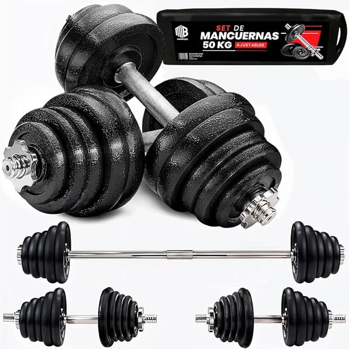 ManiBoom Mancuernas Ajustables HIERRO PURO (No Plástico) - Kit Pesas 3 en 1 con Barra Extensora - Maletín Rígido de Musculación y Fitness en Casa - Discos Macizos y Seguros (15kg - 55kg)