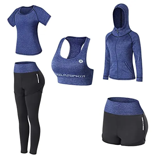 JULY'S SONG - Conjunto de yoga con 5 prendas, para correr, gimnasio, fitness, azul marino, M