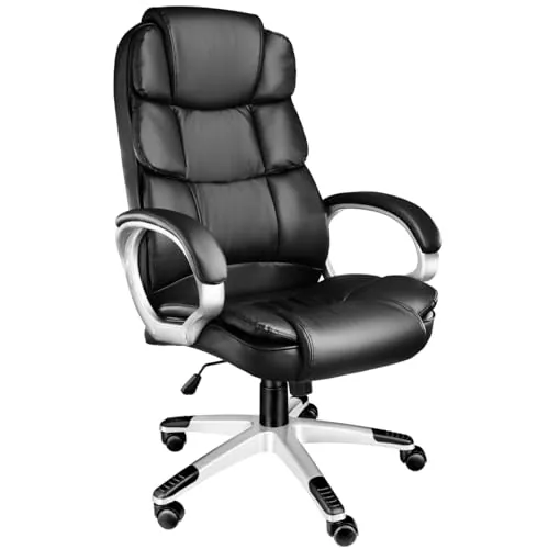 tectake® Silla de Oficina Acolchada con Reposacabezas, Respaldo Alto 73 cm | Giratoria 360°, Altura Regulable, Reposabrazos Anchos, Mecanismo Basculante Bloqueable, Carga 120 kg, Polipiel, Negro