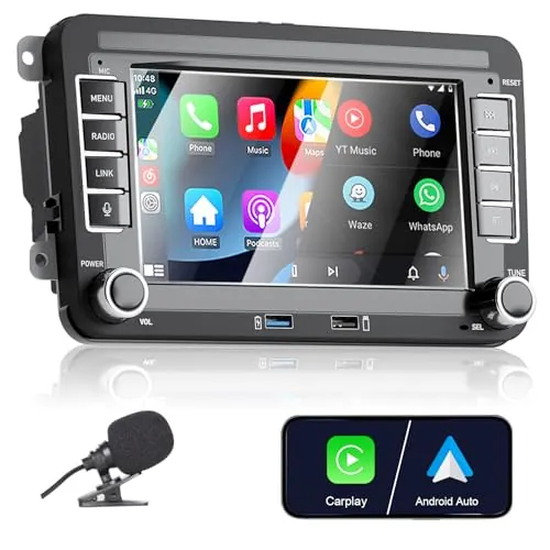 Adecuado para VW Golf 5/6, Polo, T5, Toucan, Skoda, Passat, Jetta, Caddy, CC, Touran. Autoradio 7" táctil con CarPlay/Android Auto, Bluetooth/FM/USB/Am/DSP/RDS y Alta Potencia.