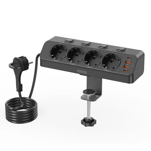 Regleta Enchufe con Proteccion Sobretension, Enchufe de Mesa con USB C Carga Rápida PD20W, Ladron Enchufe con Cuatro Interruptores Independientes, Regleta con Dispositivo de Sujecióncon, Cable 2M