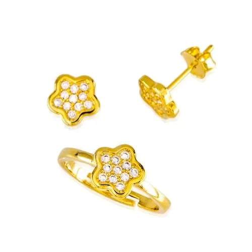 Minoplata Conjunto Pendientes y Anillo infantiles flor de Plata de ley chapada en Oro con Circonitas