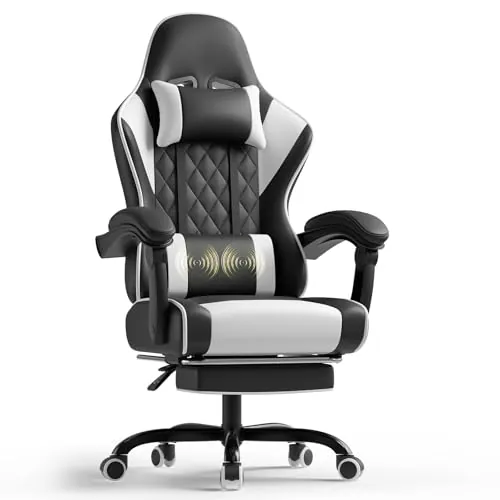 TRIUMPHKEY Silla Gaming con Masajeador, PU Silla de Juegos con Reposacabezas y Reposapiés,Silla de Oficina Ergonómica con Lumbar de Masaje, Reclinable 90-150°y Capacidad 150KG Blanco-Negro