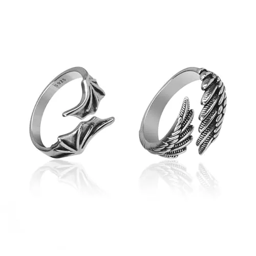 PARFCO 1 Par Anillo, Anillo Ajustable Mujer, Anillo de Alas Plata, Juego de Anillos Góticos Mujer, para Usar Accesorios, Regalos de Cumpleaños, Regalos del San Valentín