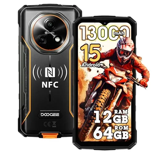 DOOGEENEXT Fire 5 Teléfono Robusto, 13000mAh 10W, 12GB+64GB/2TB 4G Android 15 Móvil, 6.6" HD+90Hz, 13MP+8MP Durabilidad Todoterreno, IP68/NFC/Face ID/3 Slots/OTG/GPS (Naranja)