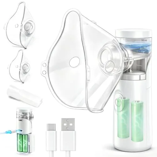 Nebulizador portátil silencioso recargable,atomización y absorción eficientes, adecuados para adultos y niños,accesorios con 2 máscaras y 1 boquilla,uso familiar y viajes (Blanco Luna)
