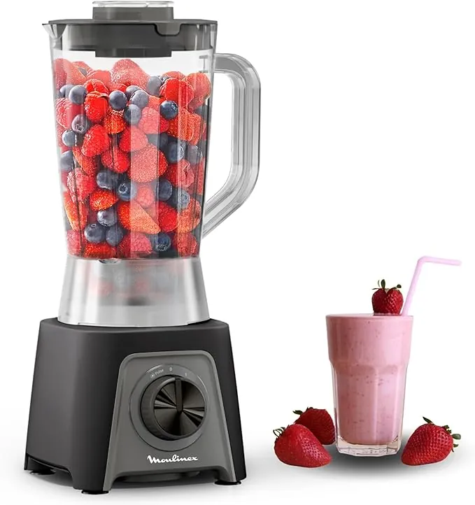 Moulinex Blendeo+, Batidora de vaso de 450 W, Jarra de 1,5 L, 2 velocidades + función Pulse, Pica hielo, Cuchillas extraíbles y muy resistentes, Gris, LM2C08F0