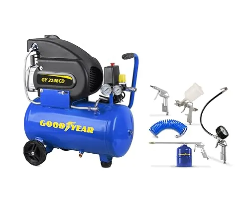 Goodyear – Compresor de Aire 24L 2HP 8 Bar 188 L/min con Kit 5 Accesorios (Inflado, Soplado, Pintura, Petroleado, Manguera 5 m) – Eléctrico Portátil para Bricolaje y Taller