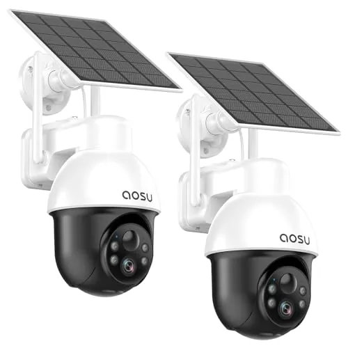 aosu 3K 5MP Cámara Vigilancia Exterior Solar, WiFi Cámara de Seguridad Inalámbrico con Batería, 360° PTZ Panorámica, Seguimiento Automático, Alertas de Movimiento, Audio Bidireccional, 2pz