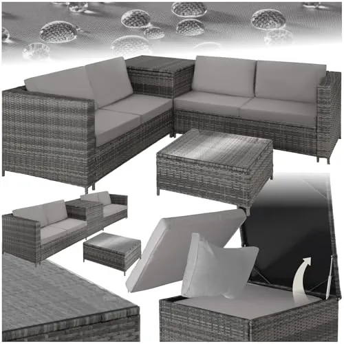 tectake® Conjunto Jardín de Ratán Combinable con Cojines Grosor 8 cm, Conjunto Terraza Acero y Resistente a la Intemperie, Muebles Jardín Exterior 2 Sofás, 1 Mesa, 1 Caja Almacenaje - Gris/Gris Claro