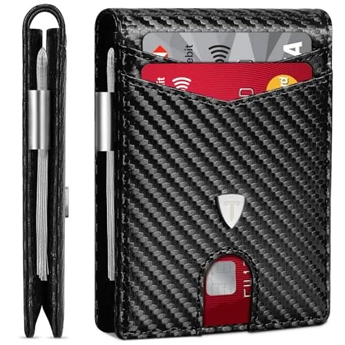 TEEHON Cartera para Hombre Slim Fibra de Carbono con Bloqueo RFID, Tarjetero Hombre Ranuras para Tarjetas de Crédito, Clip para Billetes, Cartera Bid-Fold (Negro)