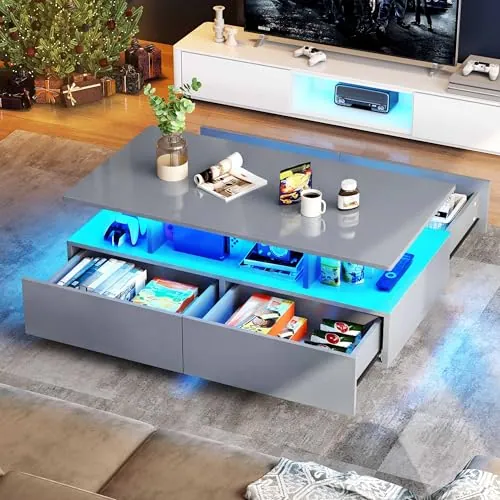 YITAHOME Mesa de Centro Gris, Mesa de Sala de Estar de Alto Brillo con iluminación LED de 16 Colores, Moderna, Mesa Auxiliar con Estante de exhibición Abierto y 4 cajones extraíbles 90x55x41,1 cm
