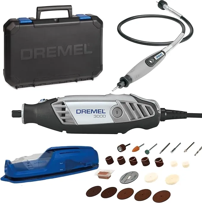 Dremel 3000 - Multiherramienta 130 W, kit con 1 complemento y 25 accesorios y estuche, velocidad variable 10.000 - 33.000 rpm para tallar, grabar, fresar, amolar, limpiar, pulir, cortar y lijar