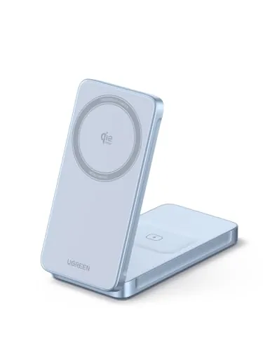 UGREEN MagFlow Qi2 25W Cargador Inalámbrico 2 en 1 Certificado | Compatible con iPhone 18 17 16 15 14 13 12 Air Plus Pro Max AirPods 5 4 3 Pro 3 2 1, Cargador Magnético Ajustable