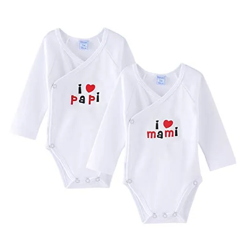 AMOMÍ Body para Bebé, Pack de 2 unidades,1 Mes Para Recién Nacidos,Manga Larga, 100% algodón, Suave Bodies con Botones de Presión, Color Blanco y Crudo (1 Mes, I Love Papa, Mama A21038)