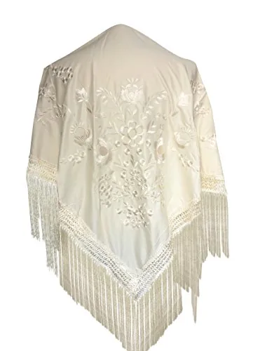 LA SEÑORITA Mantón de Manila Blanco Crema con bordados Blanco, GRANDE, Mantones de Flamenca para el Vestido de Feria, Sevillana o Flamenca. [190 x 90 cm] Tamaño Ideal para Mujer